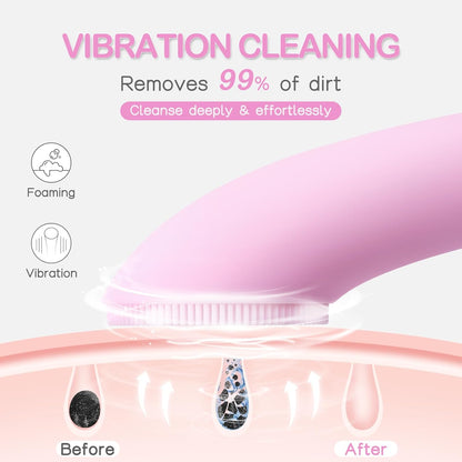 Facial Cleansing Brush, Rechargeable Silicone Face Scrubber with Heat Massage End, Vibrating Exfoliator Scrubber for Deep Cleaning, Waterproof Face Brush for Women and Men (Pink)