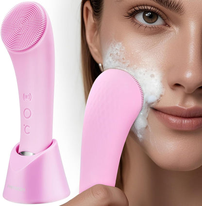 Facial Cleansing Brush, Rechargeable Silicone Face Scrubber with Heat Massage End, Vibrating Exfoliator Scrubber for Deep Cleaning, Waterproof Face Brush for Women and Men (Pink)